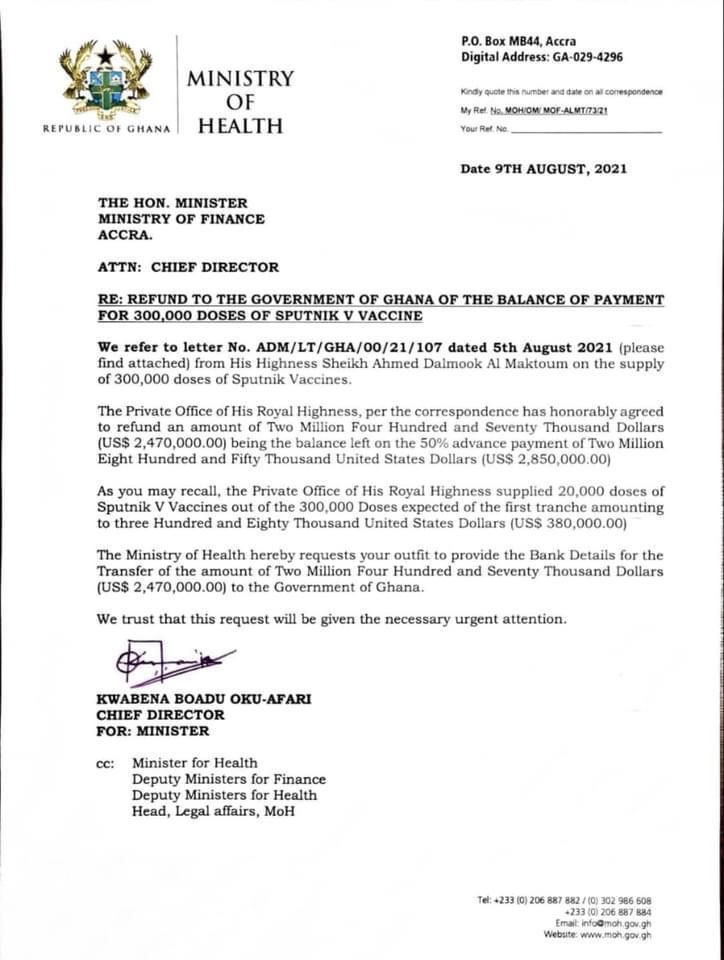 Ministry of Health letter