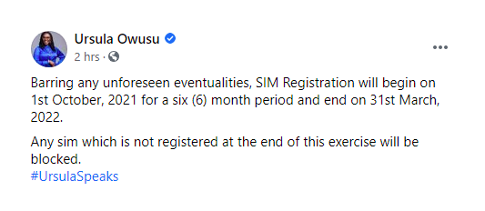 Social media post of Communication Minister, Ursula Owusu Ekuful.