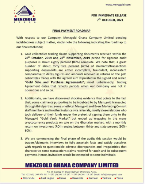 Menzgold latest statement to its customers