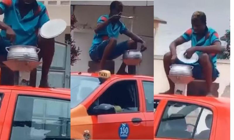 Ghanaian man cooks with coalpot on top of moving taxi while sitting on kitchen stool (video)