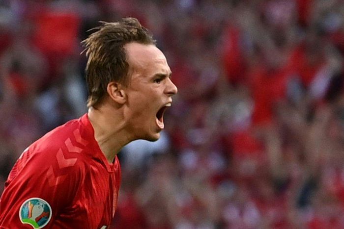 Danish delight: Mikkel Damsgaard's stunning free-kick opened the scoring against England