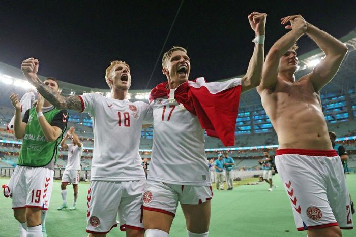 Denmark's players celebrate after taking another step towards emulating the team of 1992 and winning the European Championship