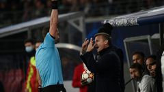 Leipzig head coach Jesse Marsch shows his frustration after being booked by Swedish referee Andreas Ekberg