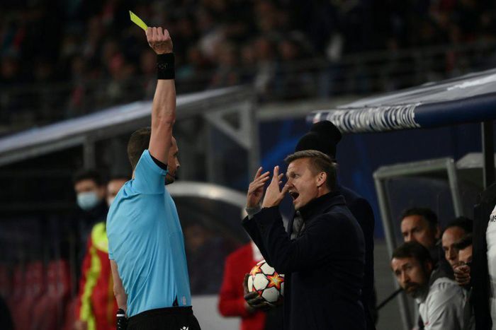 Leipzig head coach Jesse Marsch shows his frustration after being booked by Swedish referee Andreas Ekberg