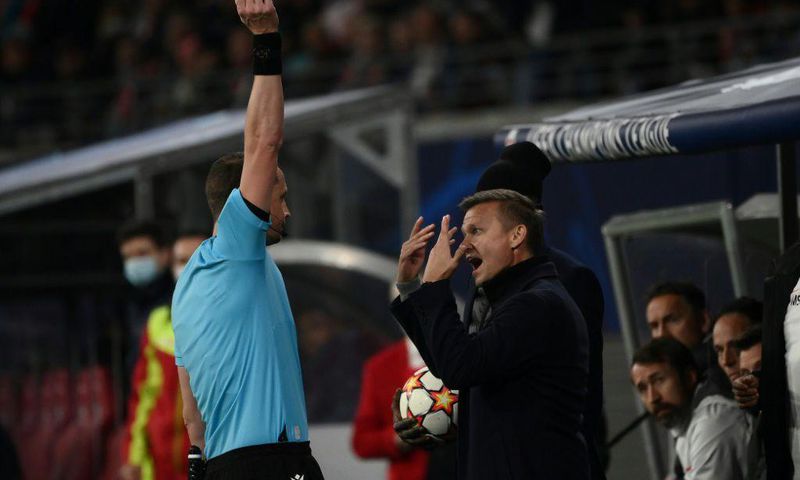 Leipzig head coach Jesse Marsch shows his frustration after being booked by Swedish referee Andreas Ekberg