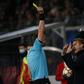 Leipzig head coach Jesse Marsch shows his frustration after being booked by Swedish referee Andreas Ekberg