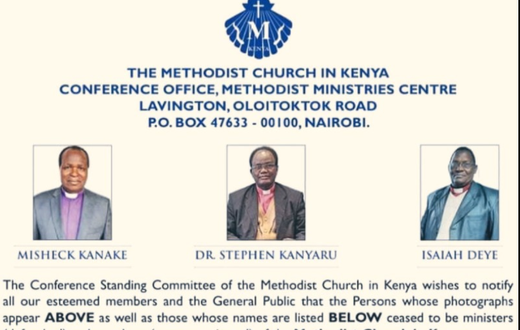 Kenya's Methodist Church sacks 8 pastors and 7 members for staging coup