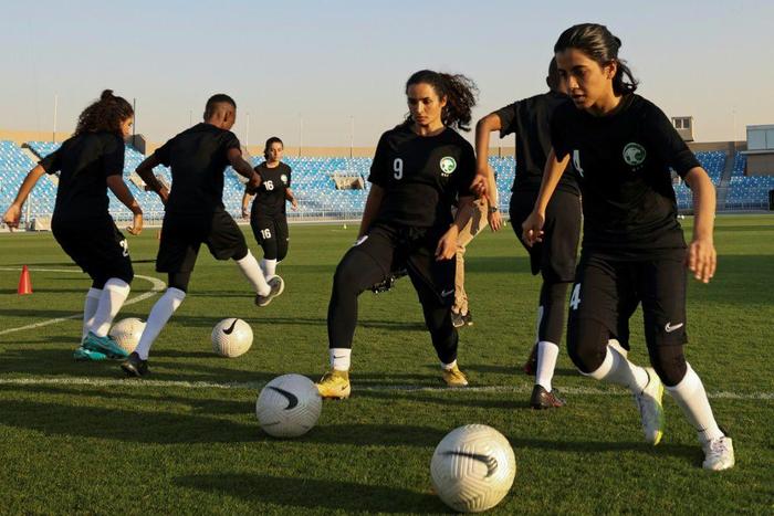 Players of the first Saudi Women's National Football Team train in Riyadh on November 2