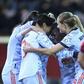 Japanese midfielder Saki Kumagai (2nd L) celebrates after scoring the winner for Bayern Munich against Lyon