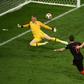 Semi-final flourish: Mario Mandzukic beats England's Jordan Pickford and Harry Maguire to put Croatia into the World Cup final.
