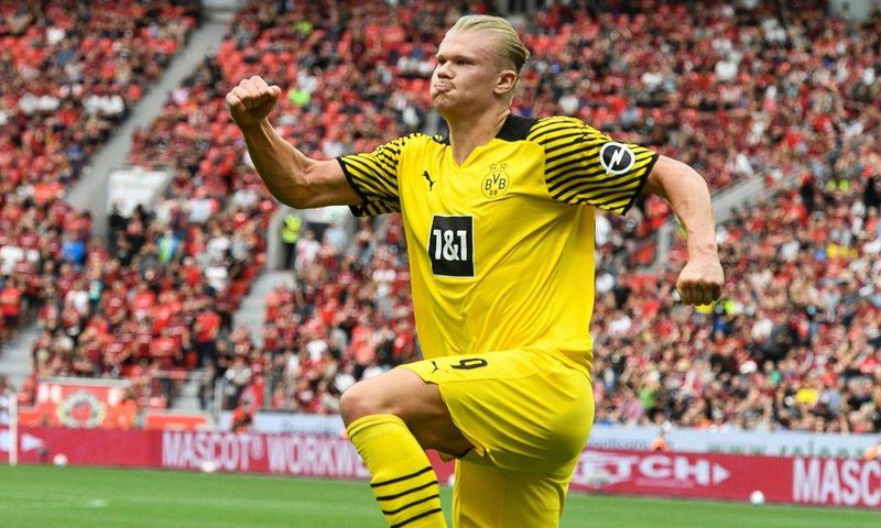 Erling Braut Haaland celebrates scoring against Leverkusen on Saturday
