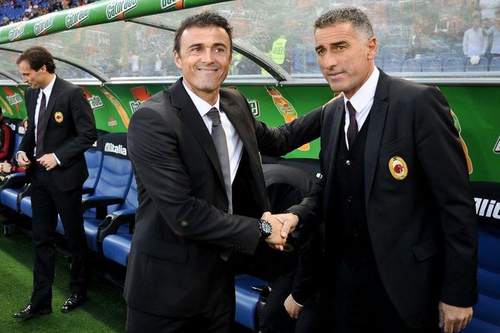 Luis Enrique and Mauro Tassotti shake hands in 2012