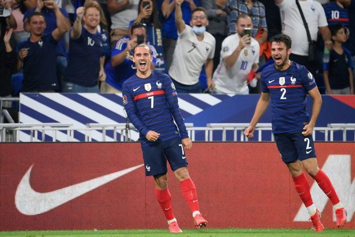 A double by Antoine Griezmann (L) gave France a 2-0 win over Finland the World Cup holders first win in six matches and took his tally to 41 for his country level with Michel Platini