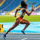 Gemma Achampong beginning the race for Ghana’s women’s 4×100 relay race at the ‘Silesia 21’