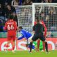 Leicester forward Ademola Lookman (2L) celebrates scoring against Liverpool
