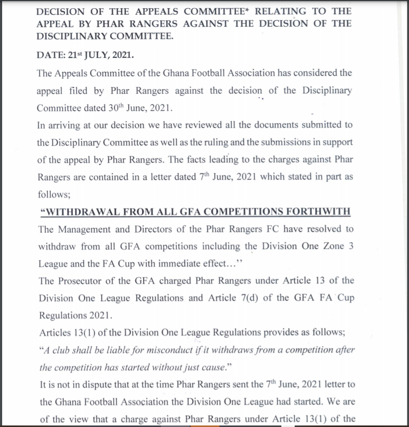 Ruling by Appeals Committee of GFA