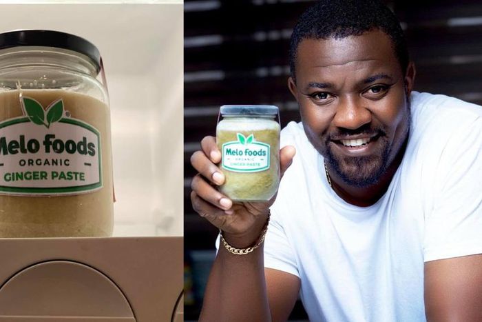 Ghanaians applaud John Dumelo for turning ginger from his farm into ginger paste (photos)