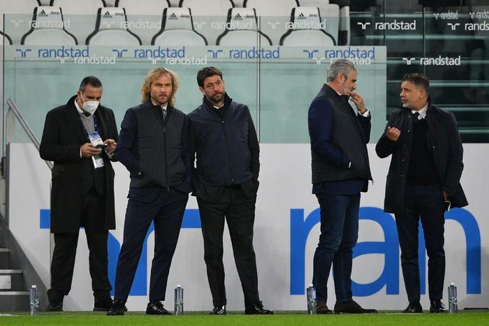 Juventus Vice-president Pavel Nedved (2ndL) and president Andrea Agnelli (3rdL) look on prior to the Serie A game against Fiorentina last month