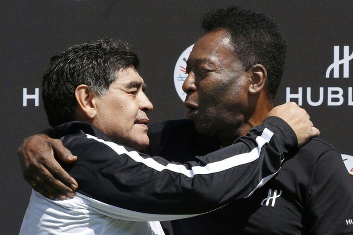 Football legends Diego Maradona (L) and Pele are seen together in 2016