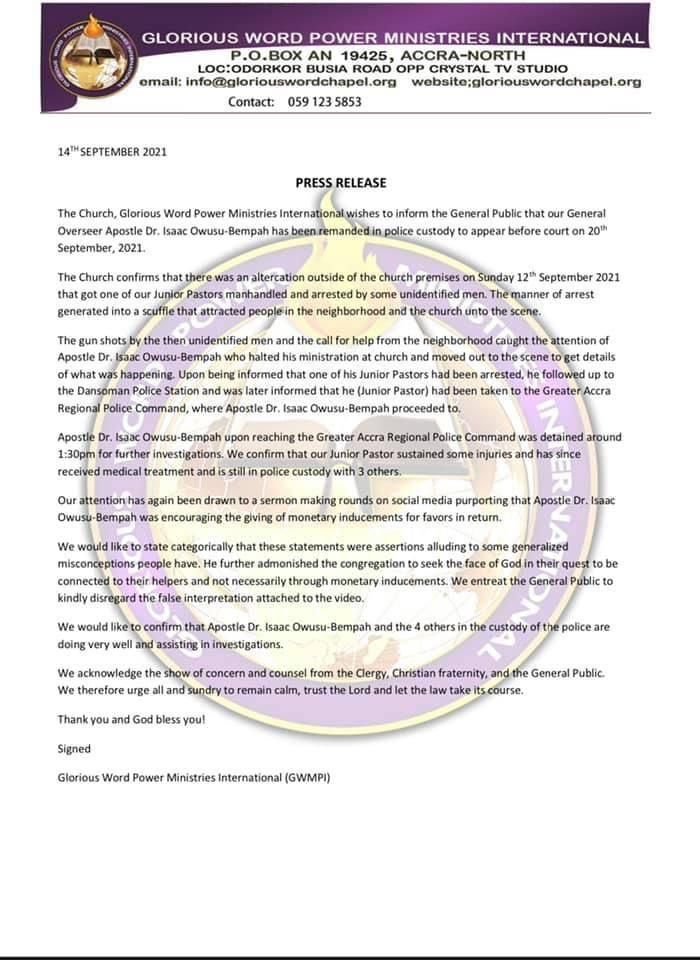 Statement from Owusu Bempah's church