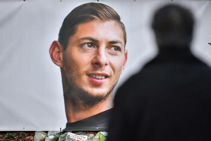 A portrait of Emiliano Sala displayed in front of the entrance of the FC Nantes football club training centre in 2019 after he died in a plane crash