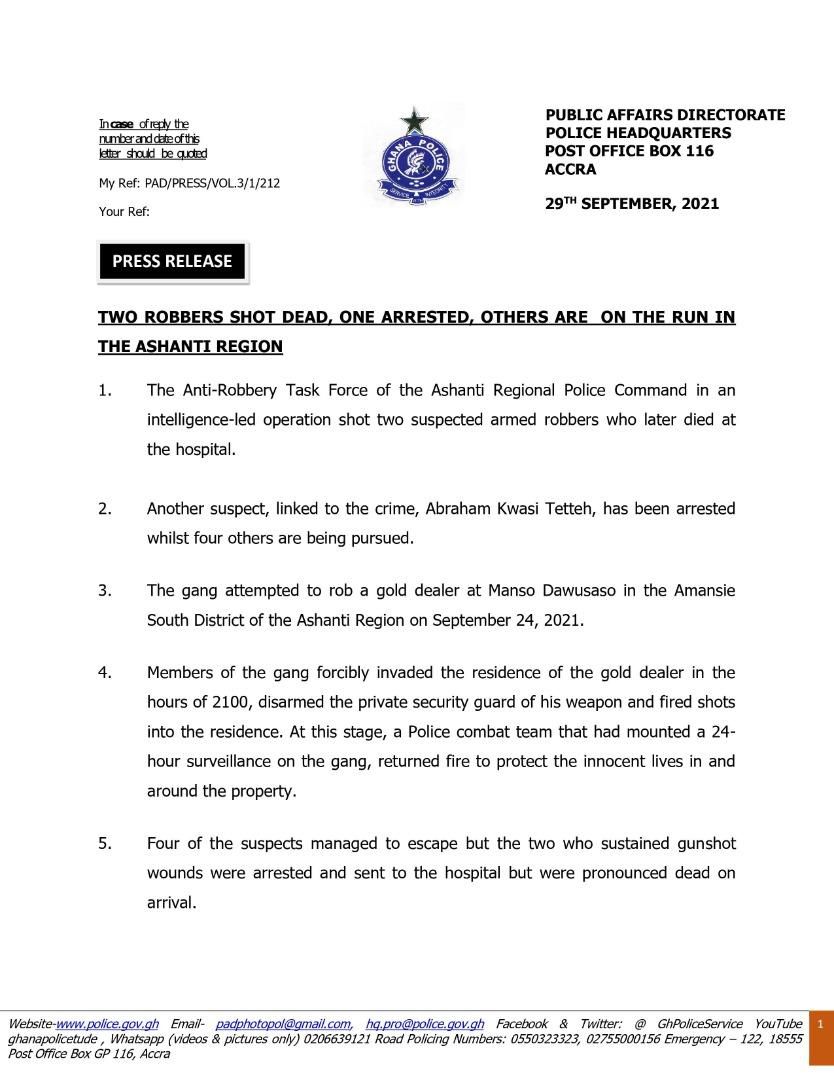 Two robbers shot in Kumasi
