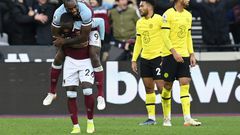 West Ham defender Arthur Masuaku (L) celebrates with  midfielder Michail Antonio after scoring the Premier League winner against Chelsea at the weekend.