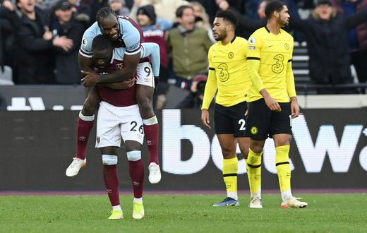 West Ham defender Arthur Masuaku (L) celebrates with  midfielder Michail Antonio after scoring the Premier League winner against Chelsea at the weekend.