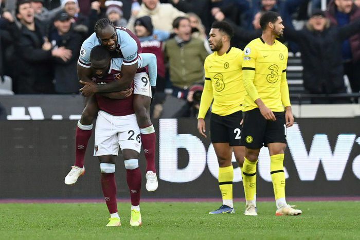 West Ham defender Arthur Masuaku (L) celebrates with  midfielder Michail Antonio after scoring the Premier League winner against Chelsea at the weekend.
