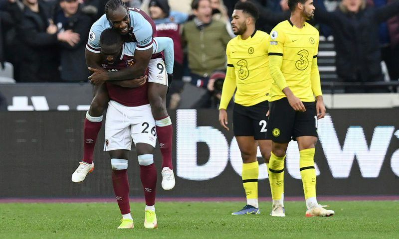 West Ham defender Arthur Masuaku (L) celebrates with  midfielder Michail Antonio after scoring the Premier League winner against Chelsea at the weekend.