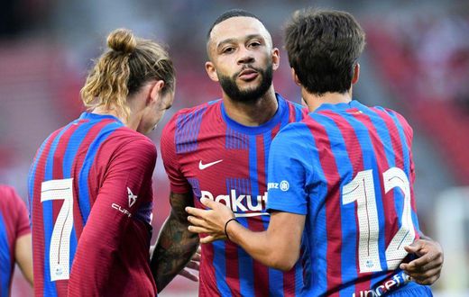 Barcelona are relying on Antoine Griezmann (L) and Memphis Depay (C) for goals after the exit of Lionel Messi