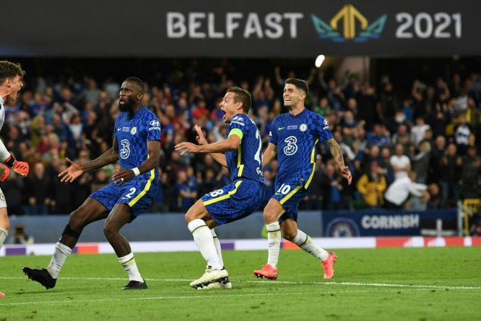 Super Sub: Kepa Arrizabalaga (left)saved two penalties as Chelsea won the UEFA Super Cup