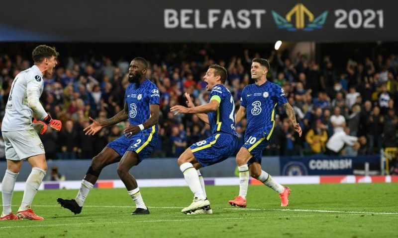 Super Sub: Kepa Arrizabalaga (left)saved two penalties as Chelsea won the UEFA Super Cup