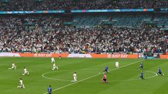 Players take a knee ahead of the UEFA EURO 2020 final football match between Italy and England at Wembley Stadium on July 11
