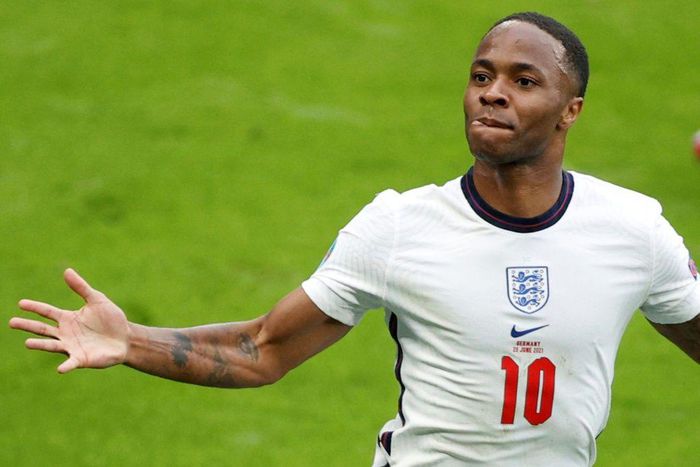Raheem Sterling celebrates his goal against Germany at Wembley
