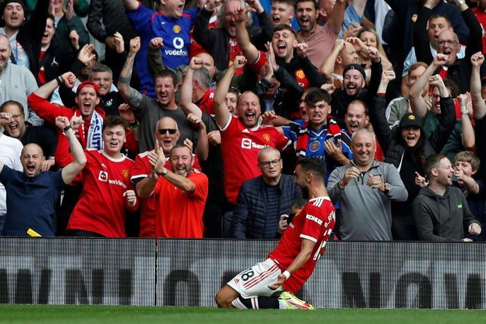Bruno Fernandes scored a hat-trick for Manchester United in front of the biggest sporting crowd in Britain since March 2020