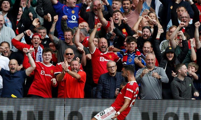 Bruno Fernandes scored a hat-trick for Manchester United in front of the biggest sporting crowd in Britain since March 2020