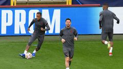 Lionel Messi with Neymar at PSG's training session in Bruges on Tuesday