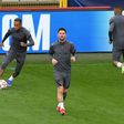 Lionel Messi with Neymar at PSG's training session in Bruges on Tuesday