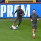 Lionel Messi with Neymar at PSG's training session in Bruges on Tuesday