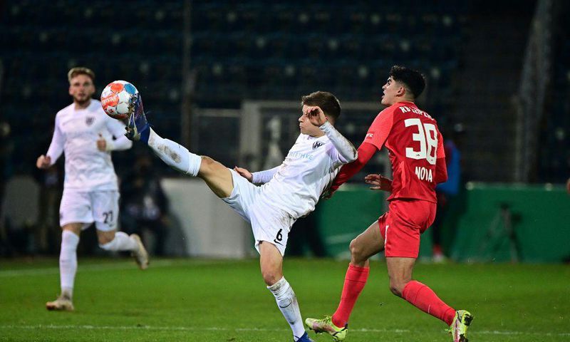 Leipzig’s Spanish forward Hugo Novoa (R) celebrated three first this week