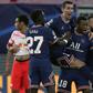 Paris Saint-Germain midfielder Georginio Wijnaldum (C) celebrates scoring at RB Leipzig on Wednesday