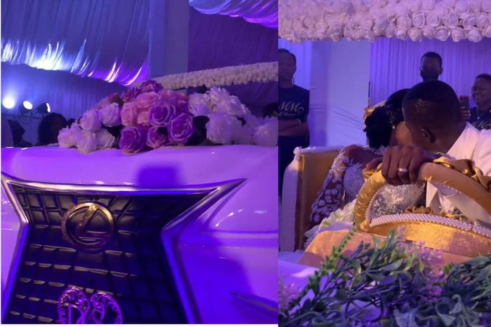 Ghanaian groom & bride kiss while driving V8 car-themed cake (video)