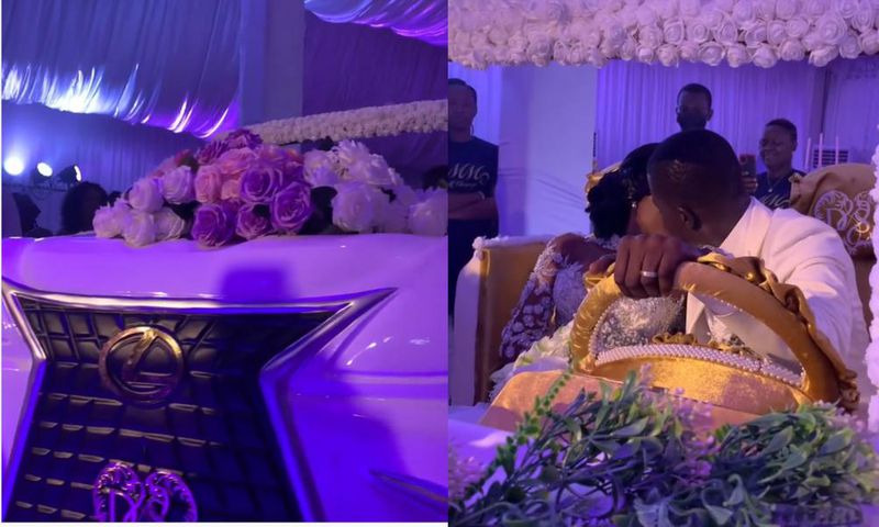 Ghanaian groom & bride kiss while driving V8 car-themed cake (video)