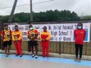 Unilez Takyi from the far right and Abeiku Jackson at the far left with the rest of the Ghana Swim Team at the Inawashiro Swimming Center.