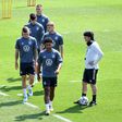 Germany coach Joachim Loew (R) oversees training in Herzogenaurach on Saturday