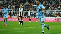 Riyad Mahrez (R) reacts after scoring for Manchester City in a 4-0 English Premier League victory at Newcastle United
