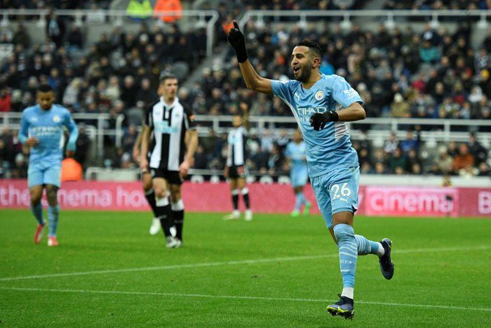 Riyad Mahrez (R) reacts after scoring for Manchester City in a 4-0 English Premier League victory at Newcastle United
