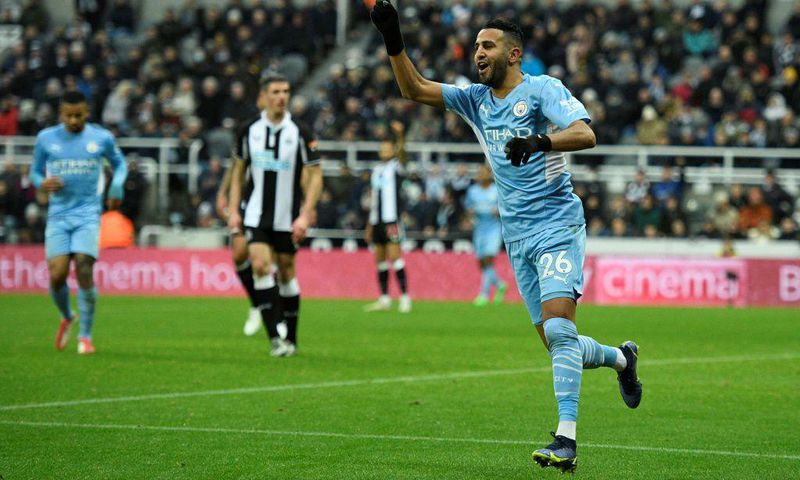 Riyad Mahrez (R) reacts after scoring for Manchester City in a 4-0 English Premier League victory at Newcastle United