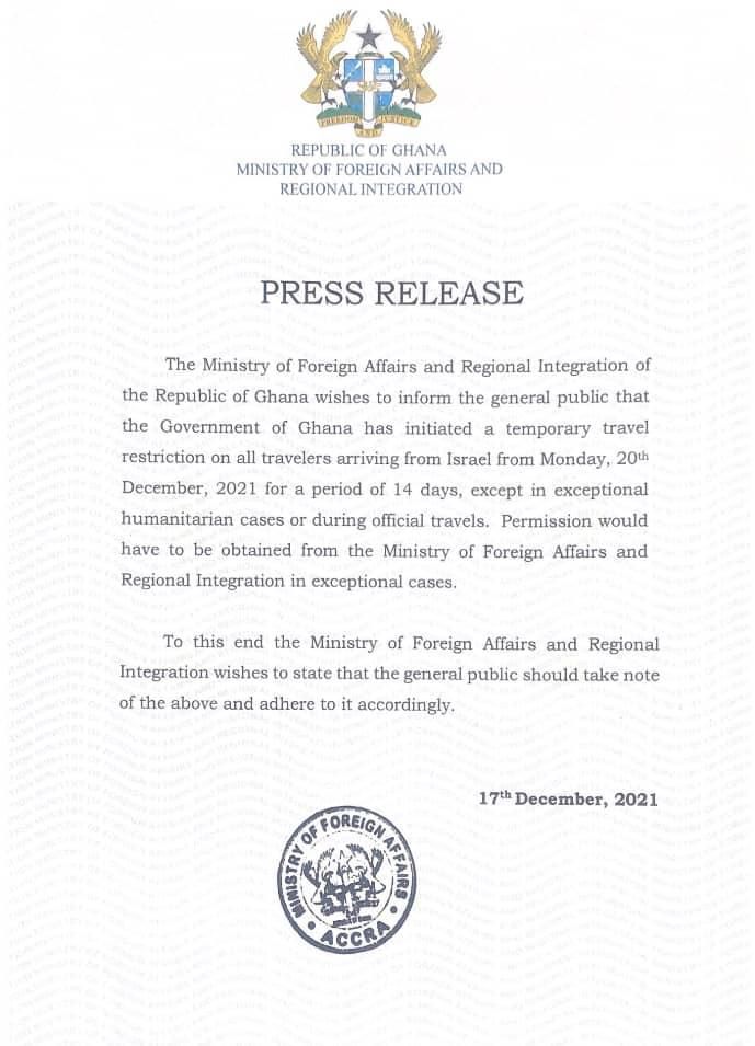 Travellers from Malta, South Korea and Israel banned from entering Ghana until further notice